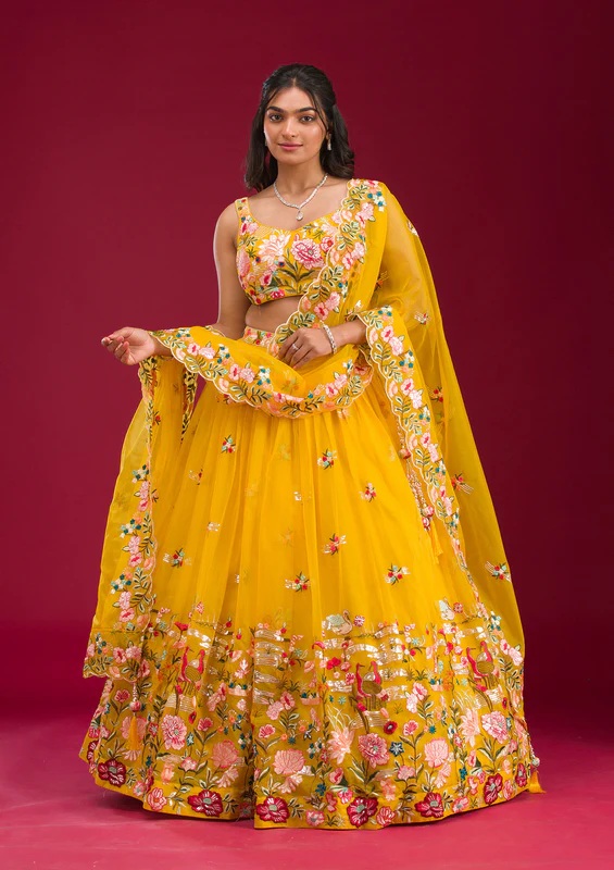 Yellow Threadwork Tissue Readymade Lehenga